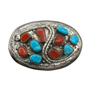 Jude Candelaria Zuni Sterling Silver, Turquoise, & Coral Belt Buckle