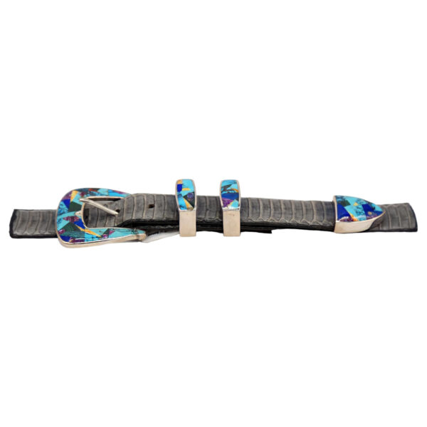 GL Sterling Silver Multi Stone Inlay Curved Ranger Belt Buckle Set