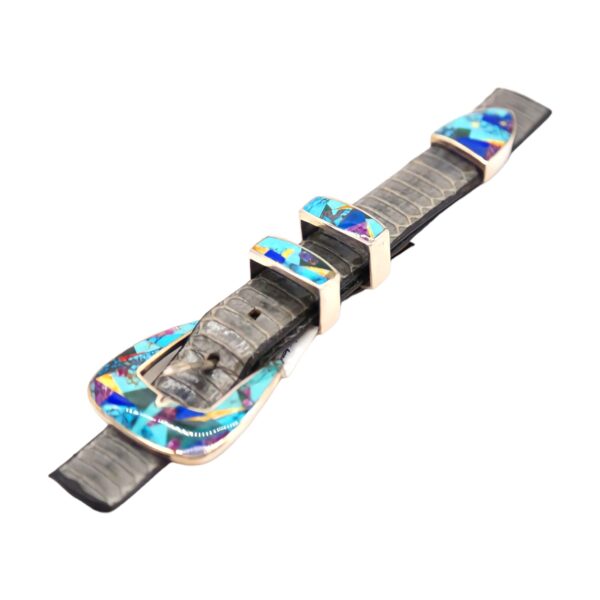 GL Sterling Silver Multi Stone Inlay Curved Ranger Belt Buckle Set