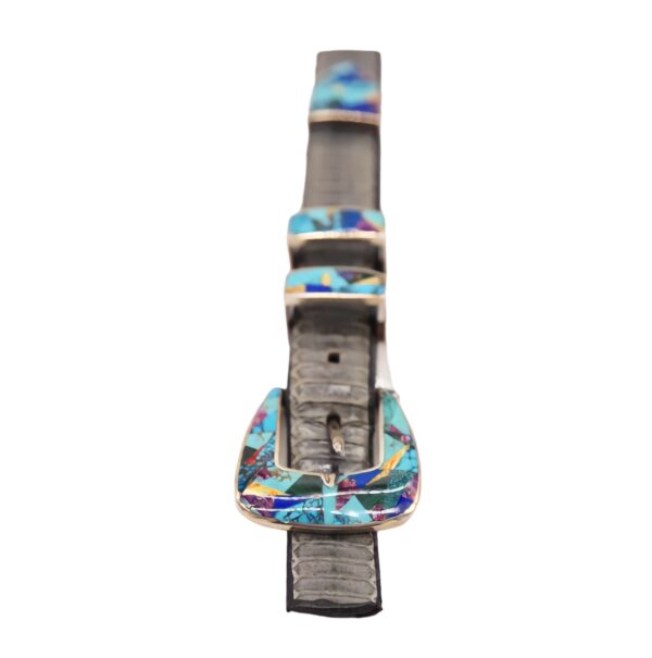 GL Sterling Silver Multi Stone Inlay Curved Ranger Belt Buckle Set