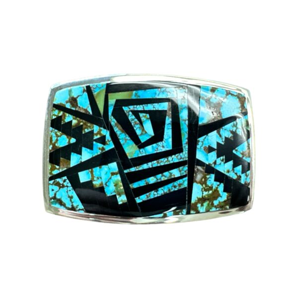 TSF Sterling Silver, Royston Turquoise, & Jet Inlay Belt Buckle