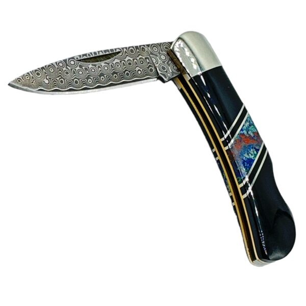 Jet & Azurite Damascus Blade Lockback Folding Pocket Knife