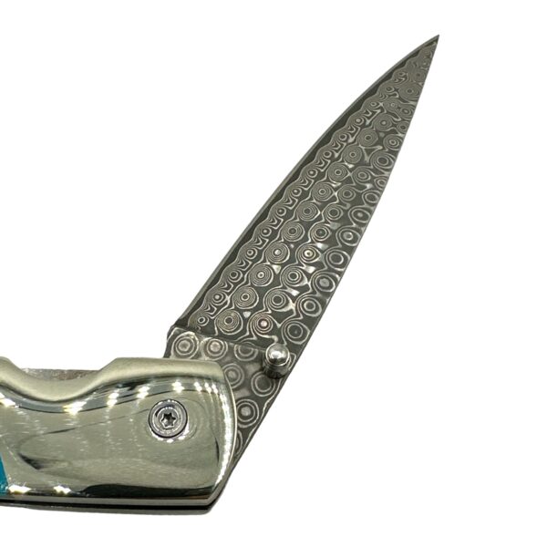 Liner Lock Damascus Folding Pocket Knife w/ Turquoise, Agate, MOP, & Wood Handle
