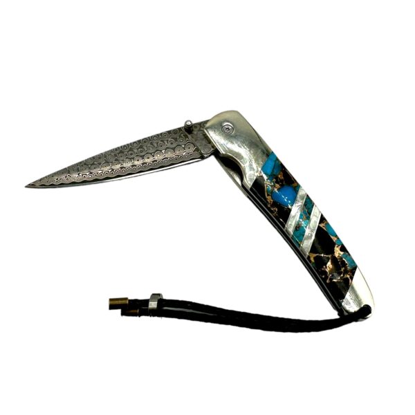 Liner Lock Damascus Folding Pocket Knife w/ Turquoise, Agate, MOP, & Wood Handle